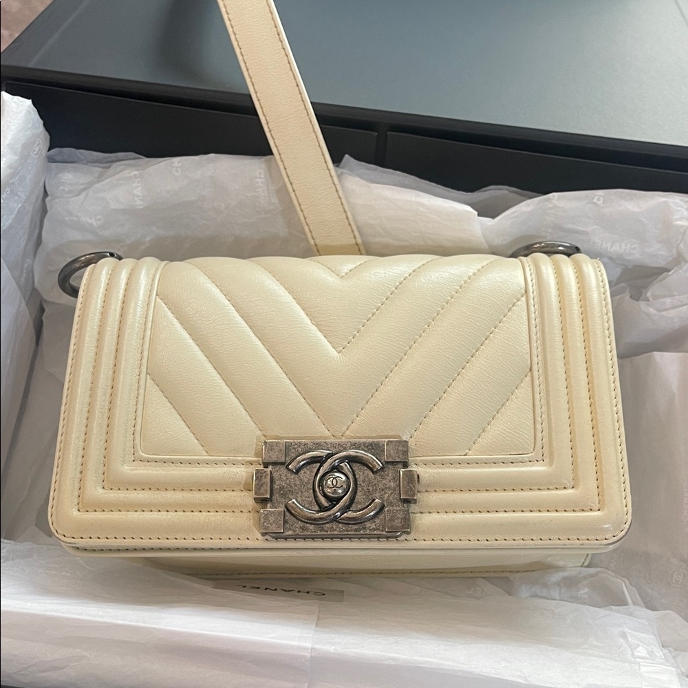 Chanel Small Beige Chevron Crossbody Bag